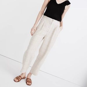 Linen Pleated Taper Wide-Leg Pants in Windowpane